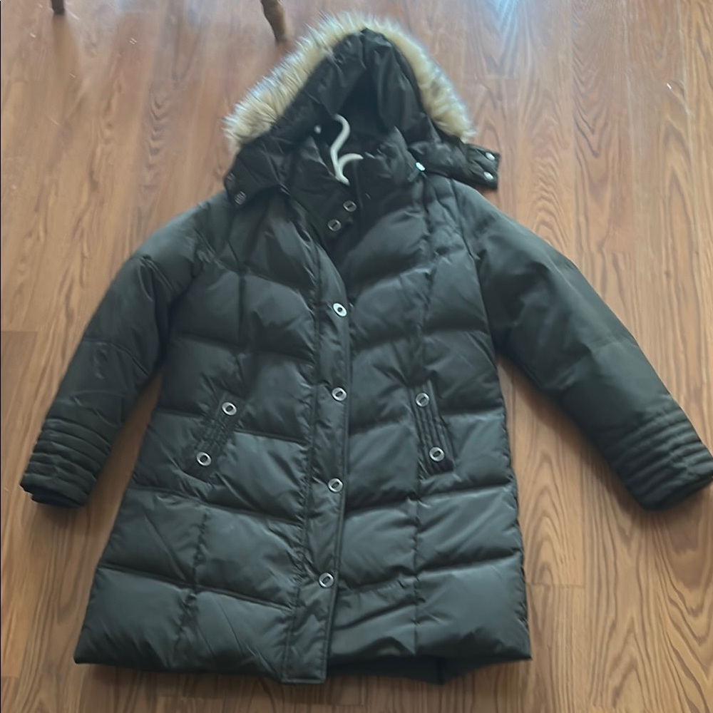 Khaki Puffer Coat with Faux Fur Hood